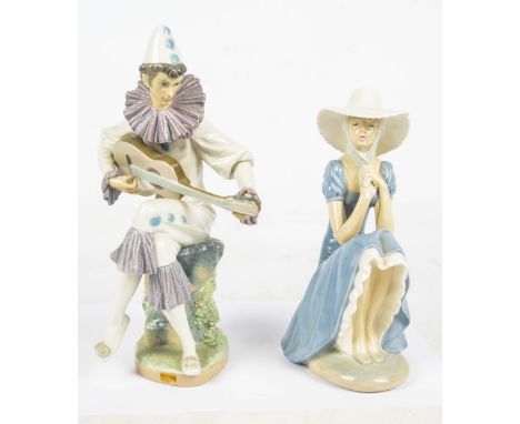 A Lladro figure of Pierrot playing a guitar, height 33cm and a Nao figure of seated lady (2).