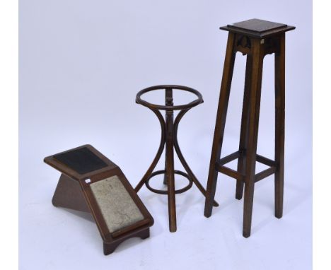 An early 20th century oak square sectioned jardinière stand, height 101cm, a bent wood stick/umbrella stand and shoe shine st