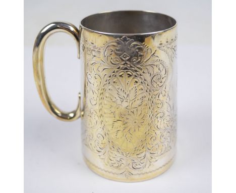 EDWARD BARNARD & SONS LTD; an Edward VII hallmarked silver christening mug of tapering form, overall bright cut decorated wit