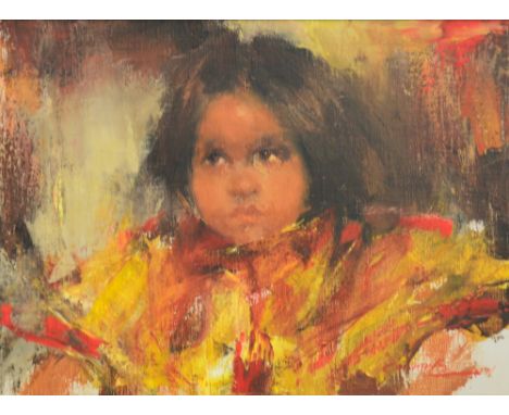 RAYMEN KELLEY (American, born 1939); acrylic on canvas, "Portrait of Teresita Detaos", signed and inscribed verso, 30 x 40cm,