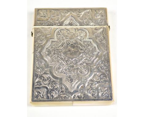 An early 20th century white metal and mother of pearl ivory detail card case, engraved with shield shaped cartouche initialle