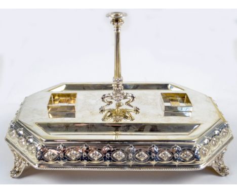 HAMILTON & INCHES; a Victorian hallmarked silver inkstand of rectangular form with canted corners centred with a French empir