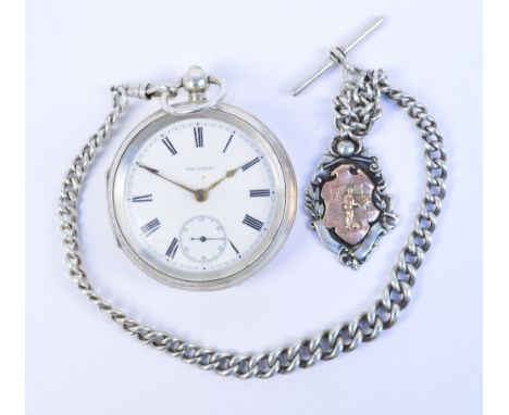 WALTHAM; an Edwardian hallmarked silver key wind open face pocket watch with white enamel dial set with subsidiary seconds ha