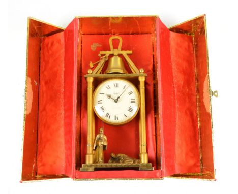A boxed Swiss Imhof gilt metal mantel clock with a monk automaton ringing the bell on the hour and half hour, with another sl
