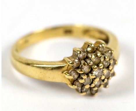 A 9ct yellow gold diamond cluster ring, each stone approximately 0.016ct, size P, 2.8g.