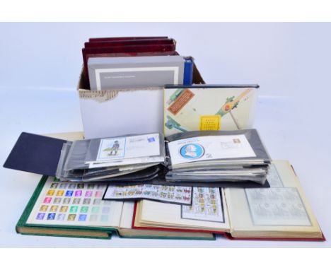 STAMPS; two boxes with albums of Isle of Man, Channel Isles including Alderney mint to 1990s, Great Britain 1989 Year Book, c
