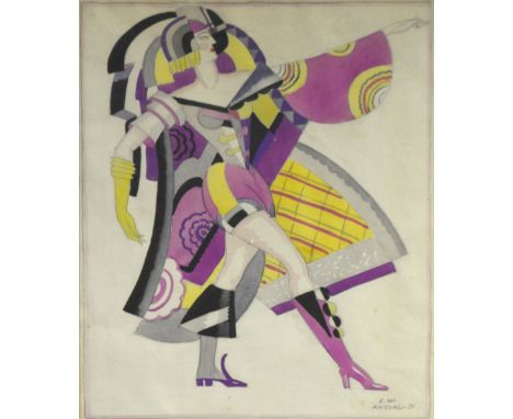 LW ANSON; pencil sketch and watercolour, Art Deco style costume design, signed and dated in pencil to lower right, 1931, 38 x
