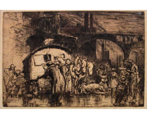 FRANK BRANGWYN (1867-1956); etching, street scene with figures, horses and muzzled bear, signed to lower left, 31 x 39cm, fra