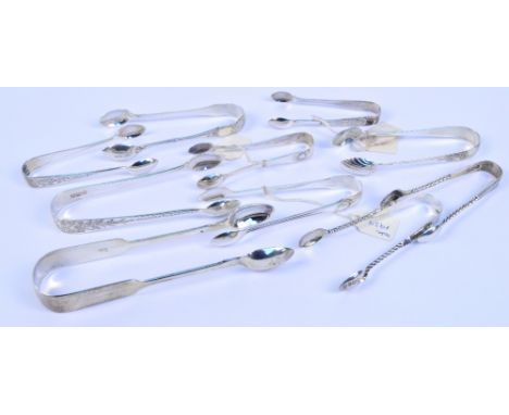 A collection of hallmarked silver tongs comprising a large fiddle pattern pair, Josiah Williams & Co, Exeter 1858, a bright c