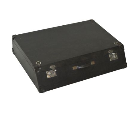 A vintage angled car trunk with sloping front and simple carrying handle, width 80cm.