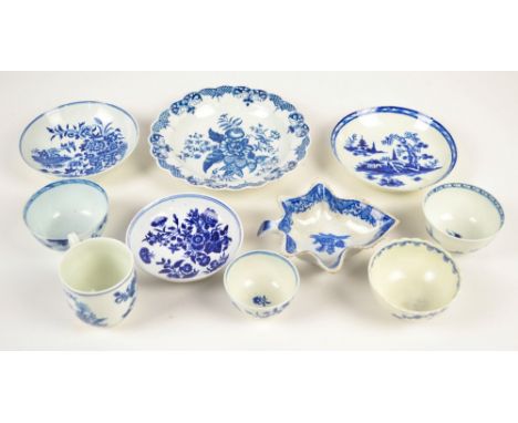 Ten items of 18th century blue and white ware to include a Worcester "Pine cone" pattern bowl, a Philip Christian "Blue Rock 