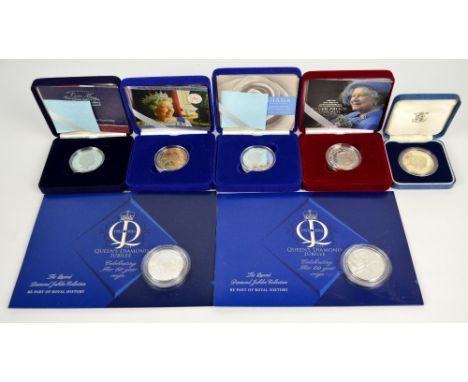 Seven various silver proof commemorative coins to include Queen Elizabeth II Golden Jubilee 2002, Queen Mother memorial crown