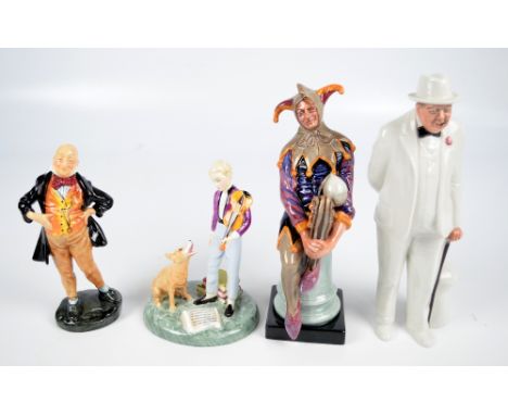 Four Royal Doulton figures; HN3057 "Sir Winston Churchill", HN2097 "Micawber", HN2016 "The Jester" and HN2872 "The Young Mast