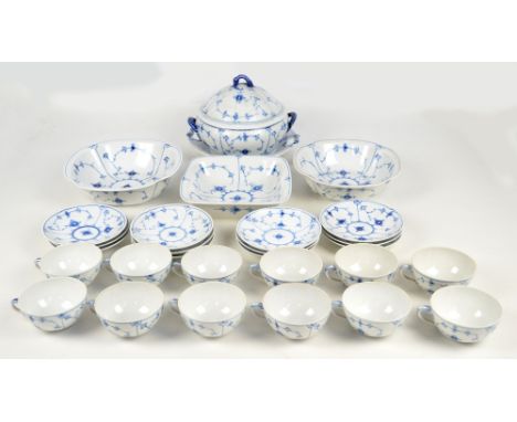 A quantity of tea and dinner wares in Royal Copenhagen porcelain "Blue Fluted Plain" pattern comprising twelve cups and sauce
