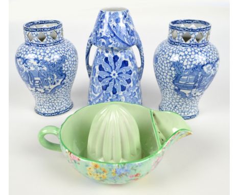 A Shelley Melody pattern lemon squeezer jug length 21cm, a pair of Adam's blue and white chinoiserie decorated baluster vases