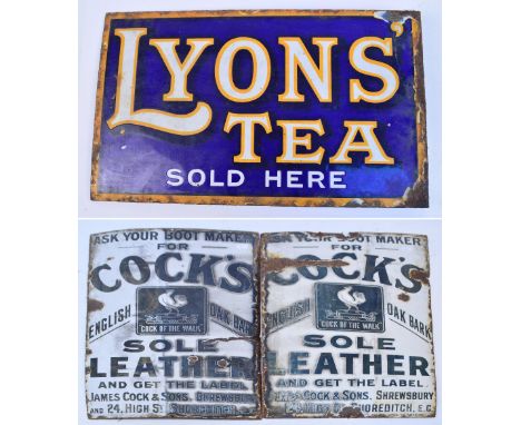 A vintage enamel "Lyons' Tea Sold Here" two sided sign with flange, 23 x 38.5cm and two "Cock's Sole Leather" signs, 61 x 37.