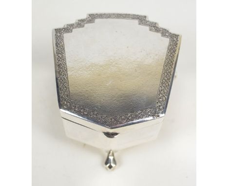 An early 20th century Chinese export silver Art Deco style jewellery/trinket box with shaped form with fine hammered decorati