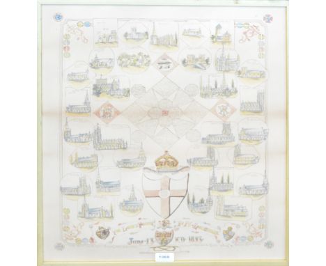 An unusual Victorian watercolour montage depicting churches in Staffordshire, centred with the Lord's Prayer and inscribed "T