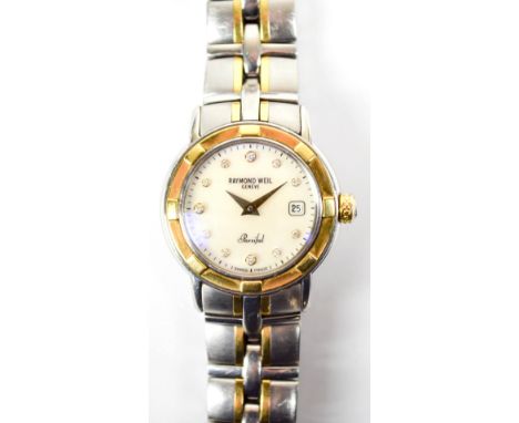 RAYMOND WEIL; a stainless steel and gold Parsifal lady's wristwatch, the circular mother of pearl dial set with diamond hour 