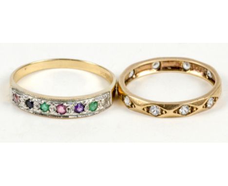 A Victorian 9ct yellow gold "DEAREST" ring pave set with various gem stones creating the lettering, size P, and 9ct gold and 