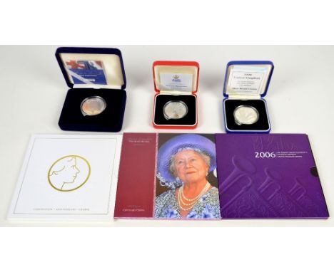 Three cased Royal commemorative silver proof £5 coins to include 100th Anniversary of the Entente Cordiale, and three commemo