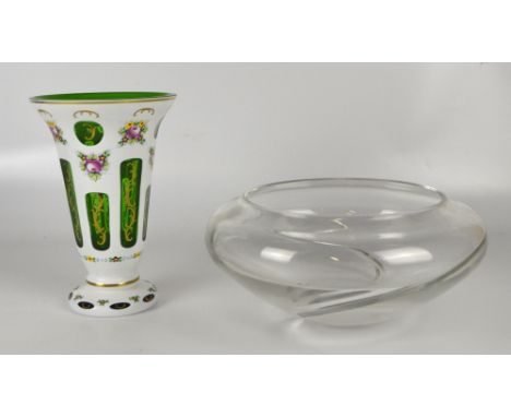 A Bohemian green and white enamel overlaid glass bell shaped footed vase, height 24cm, and a large Waterford clear glass circ