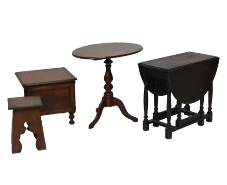 A mahogany oval occasional table, an oak drop leaf table, a small square section occasional table and a Victorian mahogany co