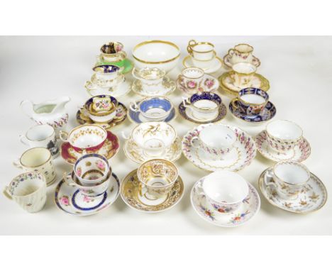 A quantity of 19th century cups and saucers, trio sets, predominantly Borne, Rockingham, Herculaneum, Nautilus and Flight, Ba