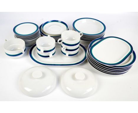 A Rosenthal porcelain blue and turquoise band decorated dinner set comprising six plates, six shallow soup bowls, five twin h