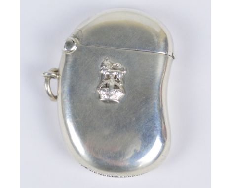 W.H HASLER LTD; George V hallmarked silver kidney shaped vesta case applied with a lion passant upon crown, Birmingham 1914, 