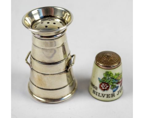 WILLIAM VALE & SONS; a Victorian hallmarked silver pepper modelled as a milk churn, Birmingham 1900, height 4cm, and an Eliza