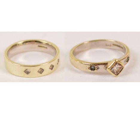 A 9ct white gold engagement ring and wedding band designed in the Art Deco style for Harriet Kelsall jewellery, the engagemen