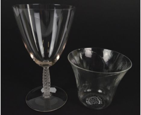 LALIQUE; a glass beaker with poppy decoration, etched to base "N: 3407 R. Lalique France", a wine glass wine with etched and 