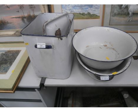3 enamel pieces & vintage chopping board etc