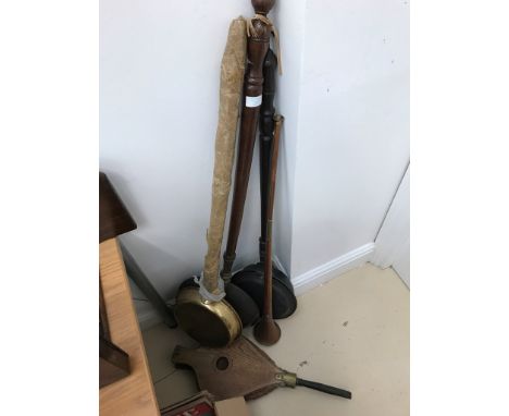Three bed warming pans, roof bellows and a coach horn