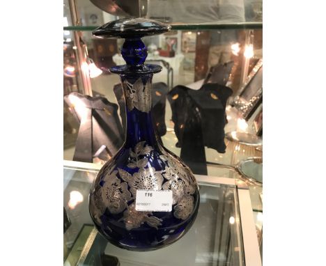 A HM silver overlaid blue glass decanter