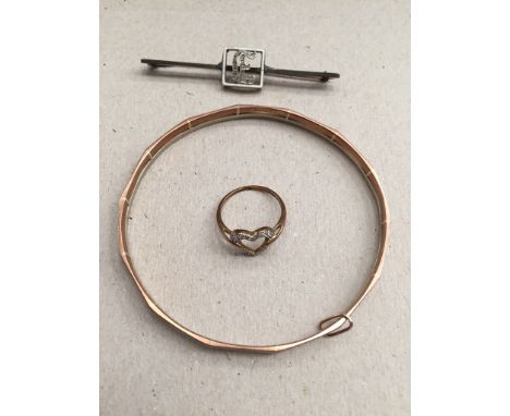 A 9ct gold bangle; together with a bar brooch and 9ct gold dress ring