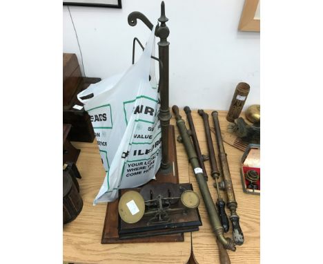 Postal scales and weights; together with a bakelite marker 