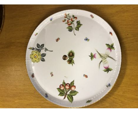 A large Herend hand-painted tray decorated with nuts, strawberries and flowers:W 37 cm 