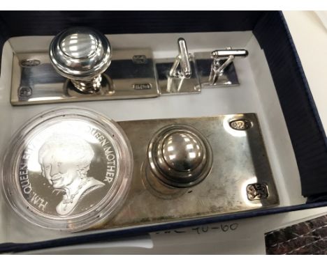 A pair of HM silver cufflinks; together with two HM silver blotters and a proof silver coin