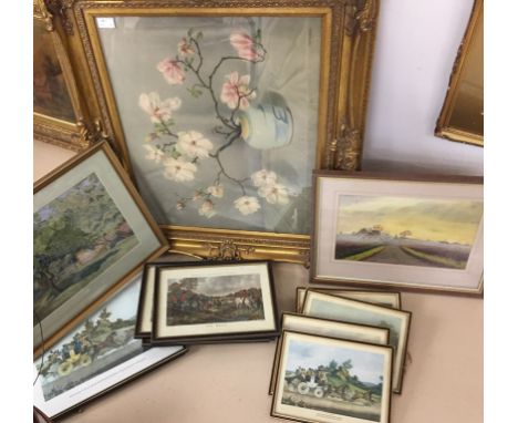 A quantity of pictures to include a decorative print of magnolias, hunting prints etc