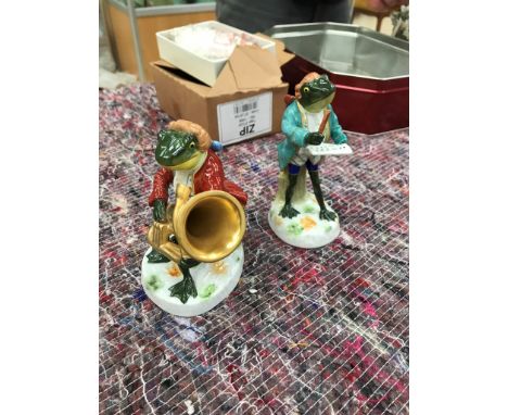 Two ceramic frog musicians