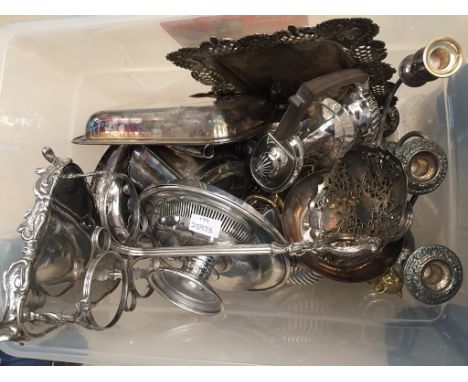 A box of silver plate to inc a triple decanter stand, tea and coffee pots etc