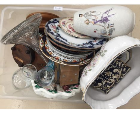 A box of ceramics to inc a Staffordshire figure, glass ship's decanter etc