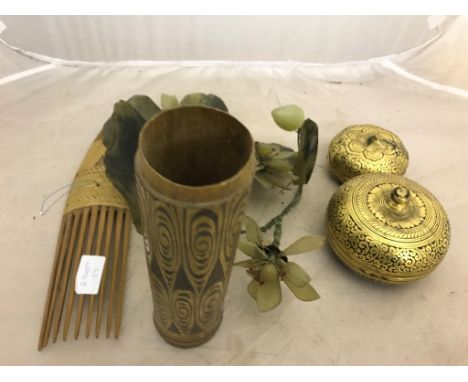 Oriental items to inc jade flower, lacquered and gilded gourds, and bamboo brushwasher and comb