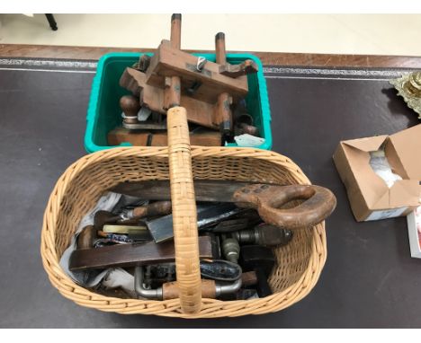 Two boxes of vintage tools to inc planes, spirit levels etc