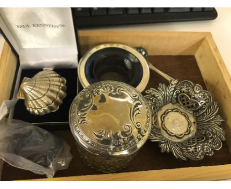 A HM silver pin tray; together with a tea light holder, lidded glass pot and shell box