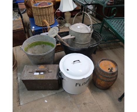 An ammunition box, galvanised watering can, bucket, flour bin and a small wine barrel 