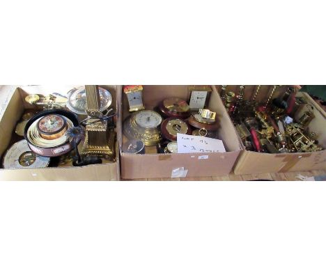Three boxes of various items, including: barometers, cast brass candlesticks, a pair of reproduction GWR carriage lamps, bras
