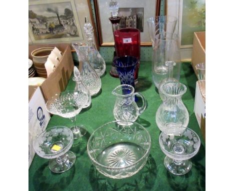 A group of 15 pieces of glass, including: a ruby and clear decanter & stopper (Bristol) trumpet shaped vase, a pair of strawb